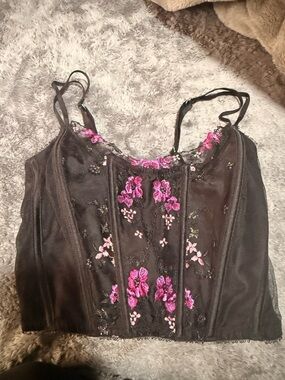 Victoria's Secret Black Cami with Pink Floral Embroidery size small